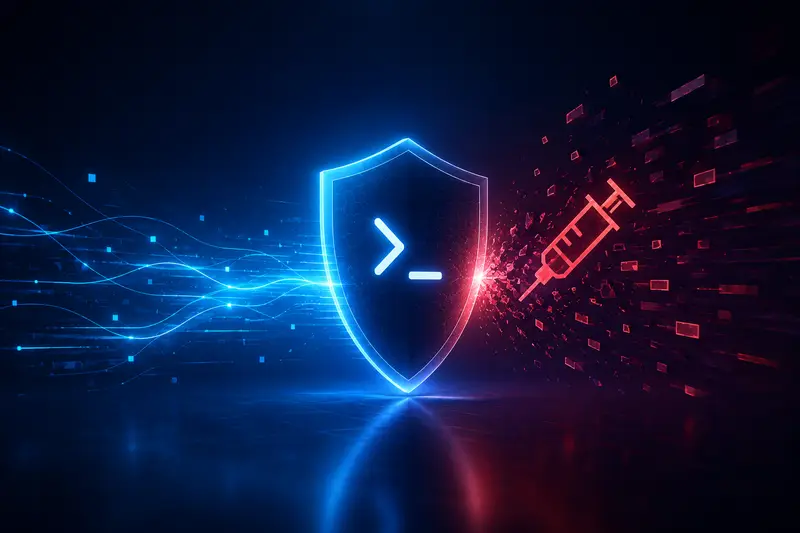 Glowing blue shield with a command-prompt symbol deflecting a red digital syringe that shatters into code fragments, symbolizing defense against prompt injection attacks on LLM applications