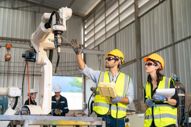 Two engineers in hard hats supervising a robotic arm on a factory floor — one operating the control pendant, one taking notes — illustrating humans granting a machine coworker trust through oversight