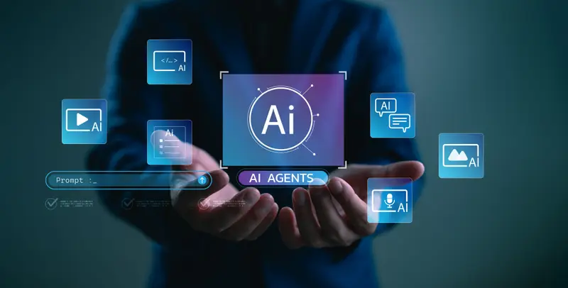 Businessman holding a virtual AI Agents panel surrounded by icons for coding, chat, video, voice and image agents with a prompt bar, representing the choice between off-the-shelf and custom AI agents